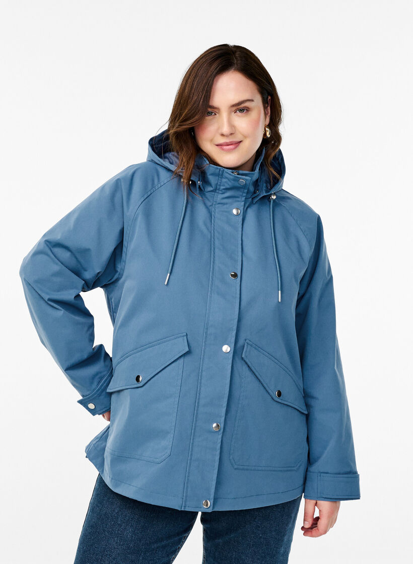 Short spring jacket with detachable hood, Blue, Model image number 0