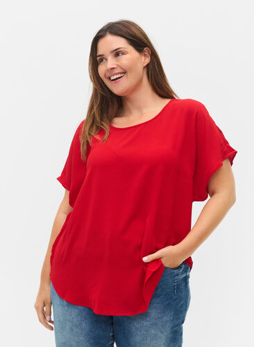 Blouse with short sleeves and a round neckline, Tango Red, Model image number 0