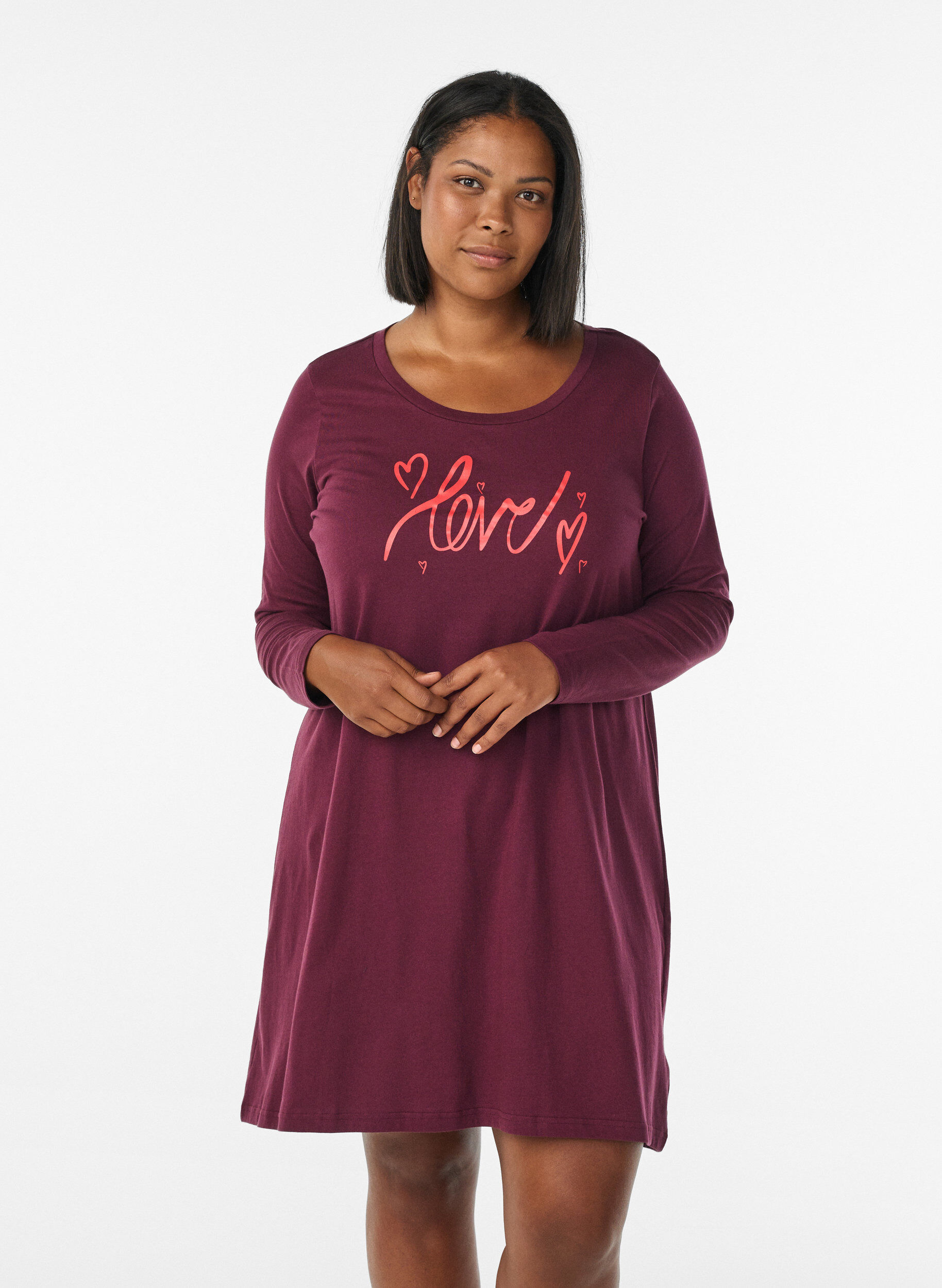 ZizzifashionLong-sleeved nightgown in organic cotton, Red, Model image number 0