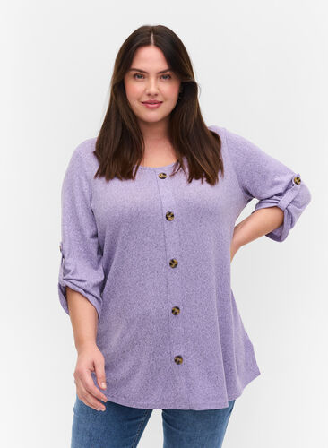 Blouse with buttons and 3/4 sleeves, Purple Melange, Model image number 0