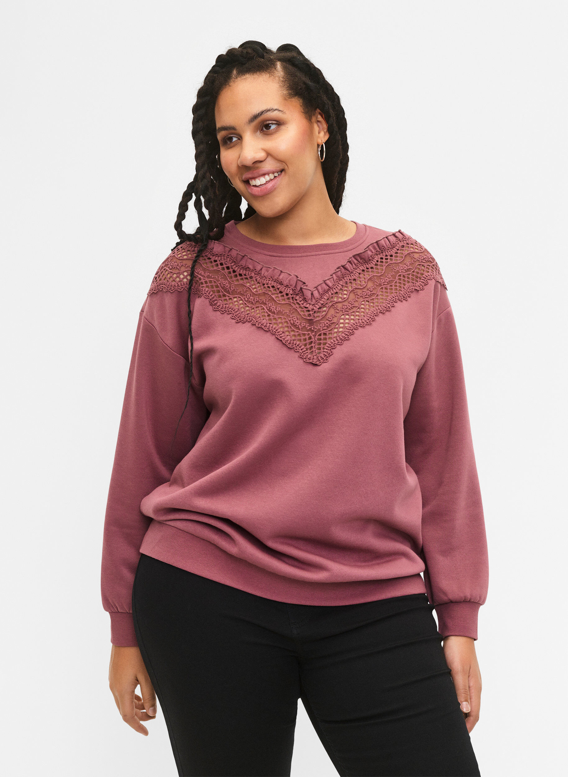 Zizzifashion Sweatshirt with ruffle and crochet detail, Rose Brown, Model image number 0