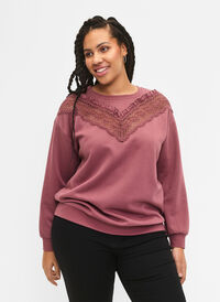 Sweatshirt with ruffle and crochet detail, Rose Brown, Model