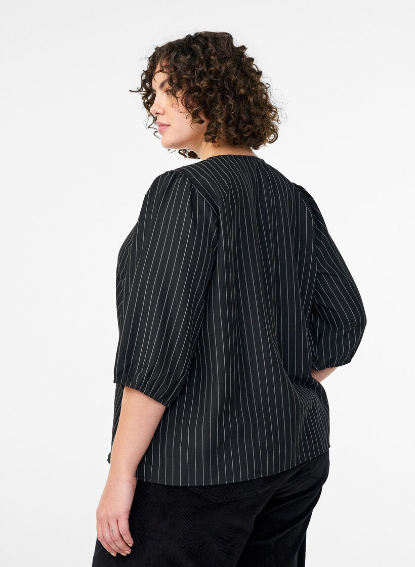 Blouse with pinstripes and tie strings, Black, Model image number 2