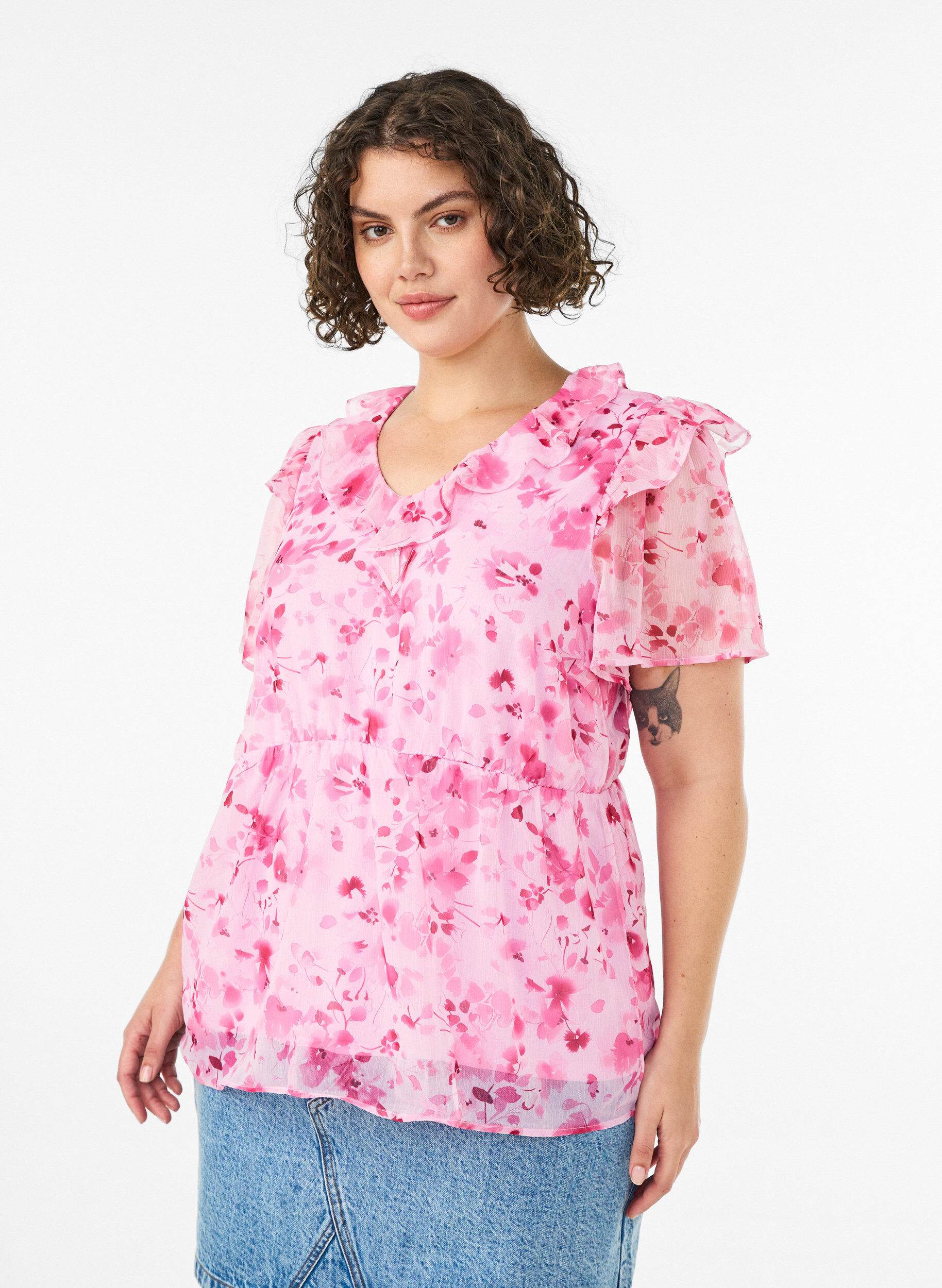 Floral blouse with a frill collar and peplum effect, Pink, Model