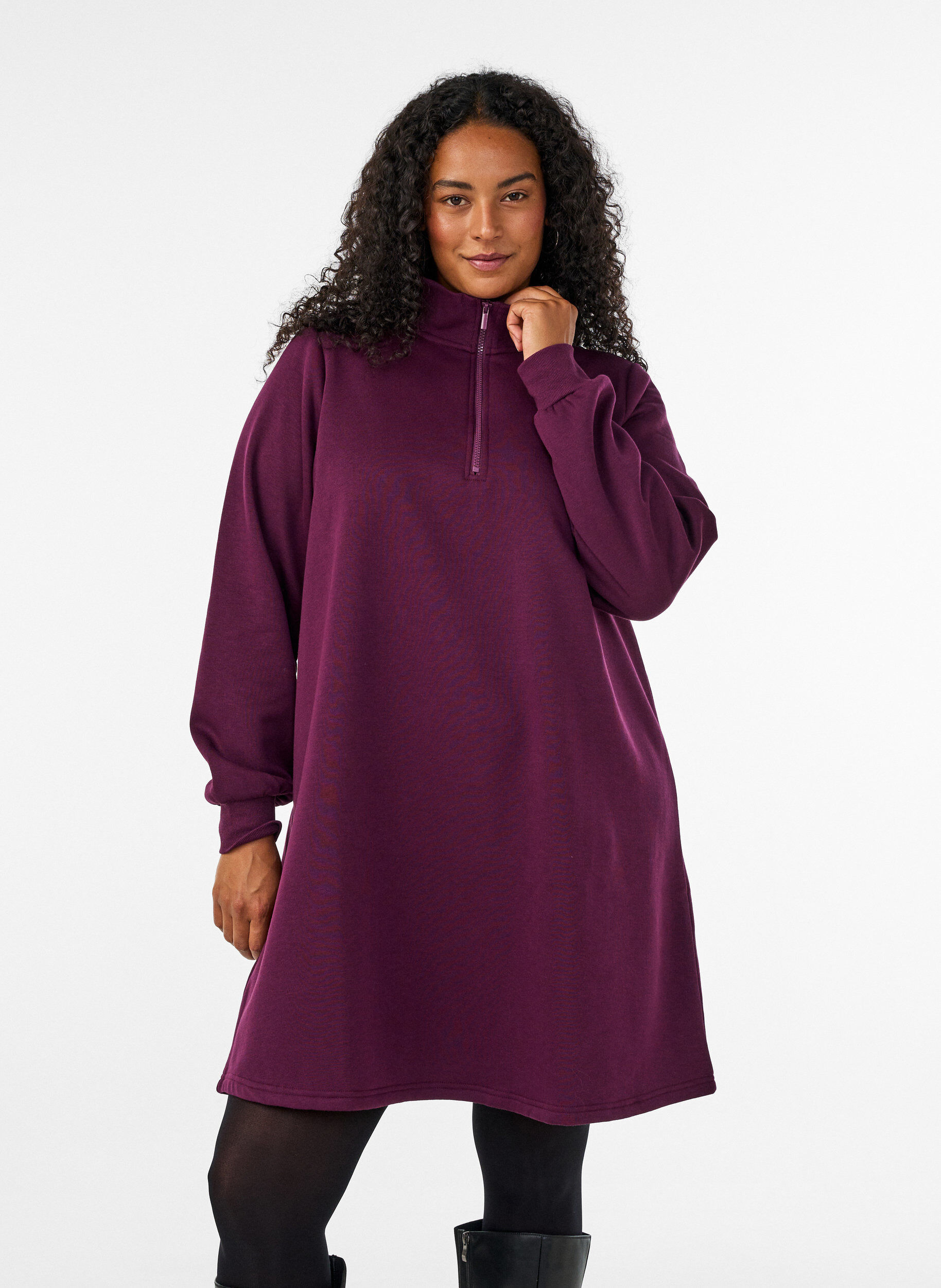 ZizzifashionSweatshirt dress with a high ribbed collar and zip, Purple, Model image number 0