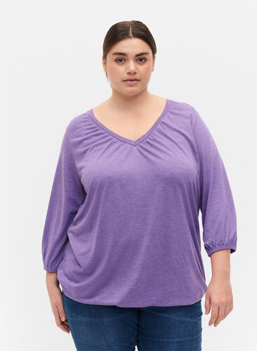 Melange blouse with v-neckline, Deep Lavender Mél, Model image number 0