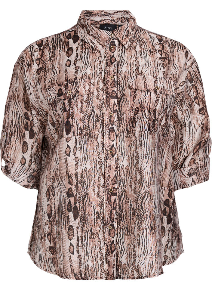 Loose shirt with animal print and chest pockets, Brown, Packshot image number 0