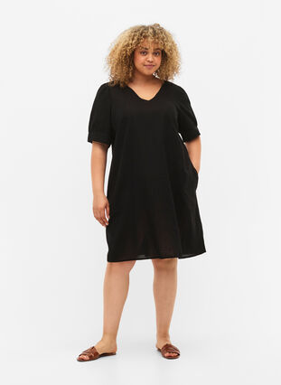 V-neck dress in cotton blend with linen, Black, Model image number 2