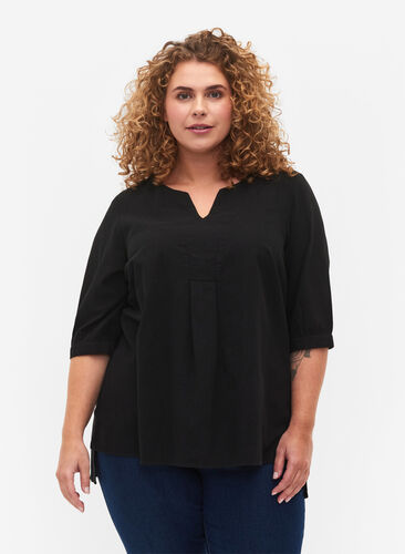 FLASH - Cotton blouse with half-length sleeves, Black, Model image number 0