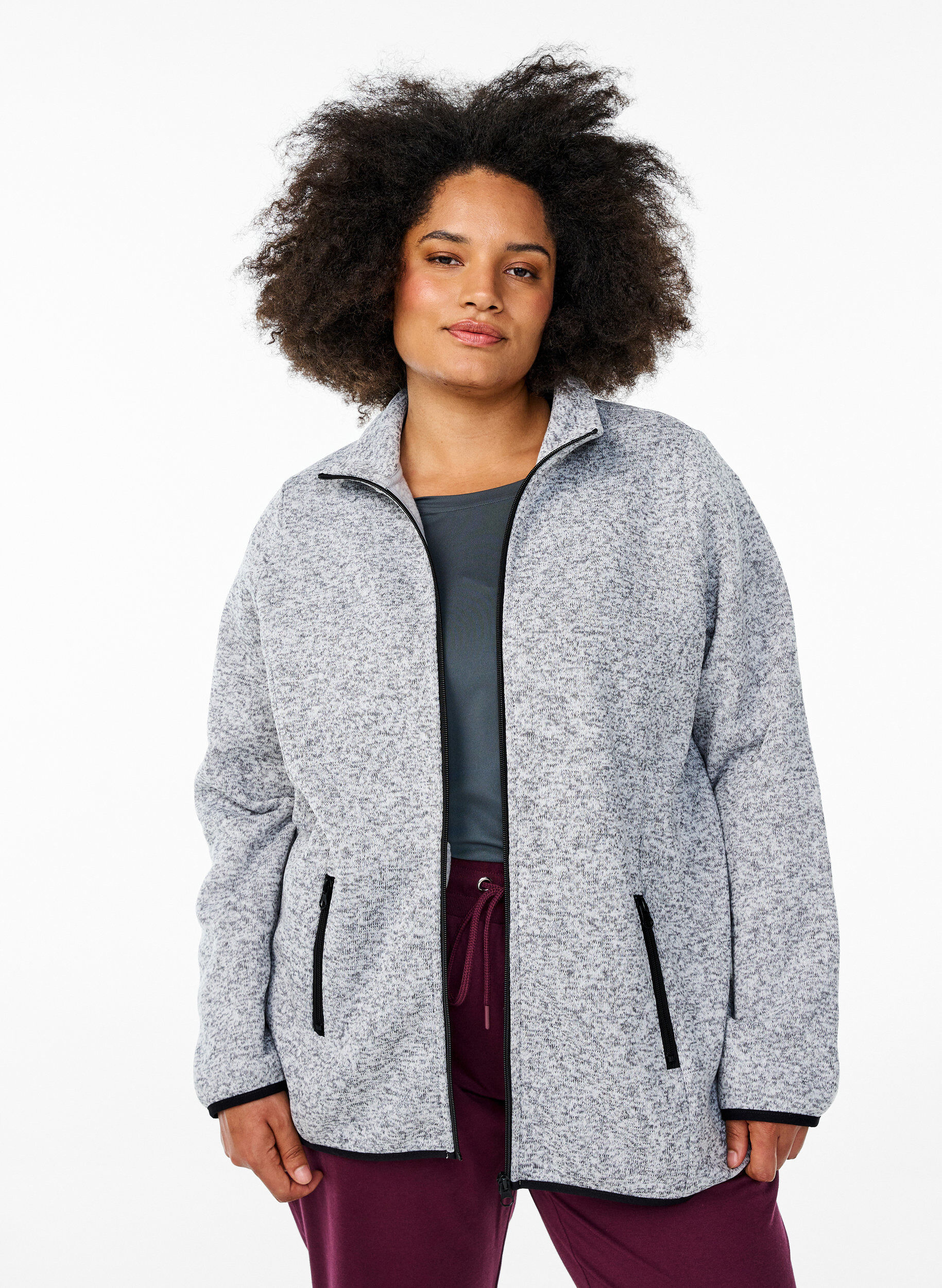 ZizzifashionJersey cardigan with a high collar and zip, Grey, Model image number 0