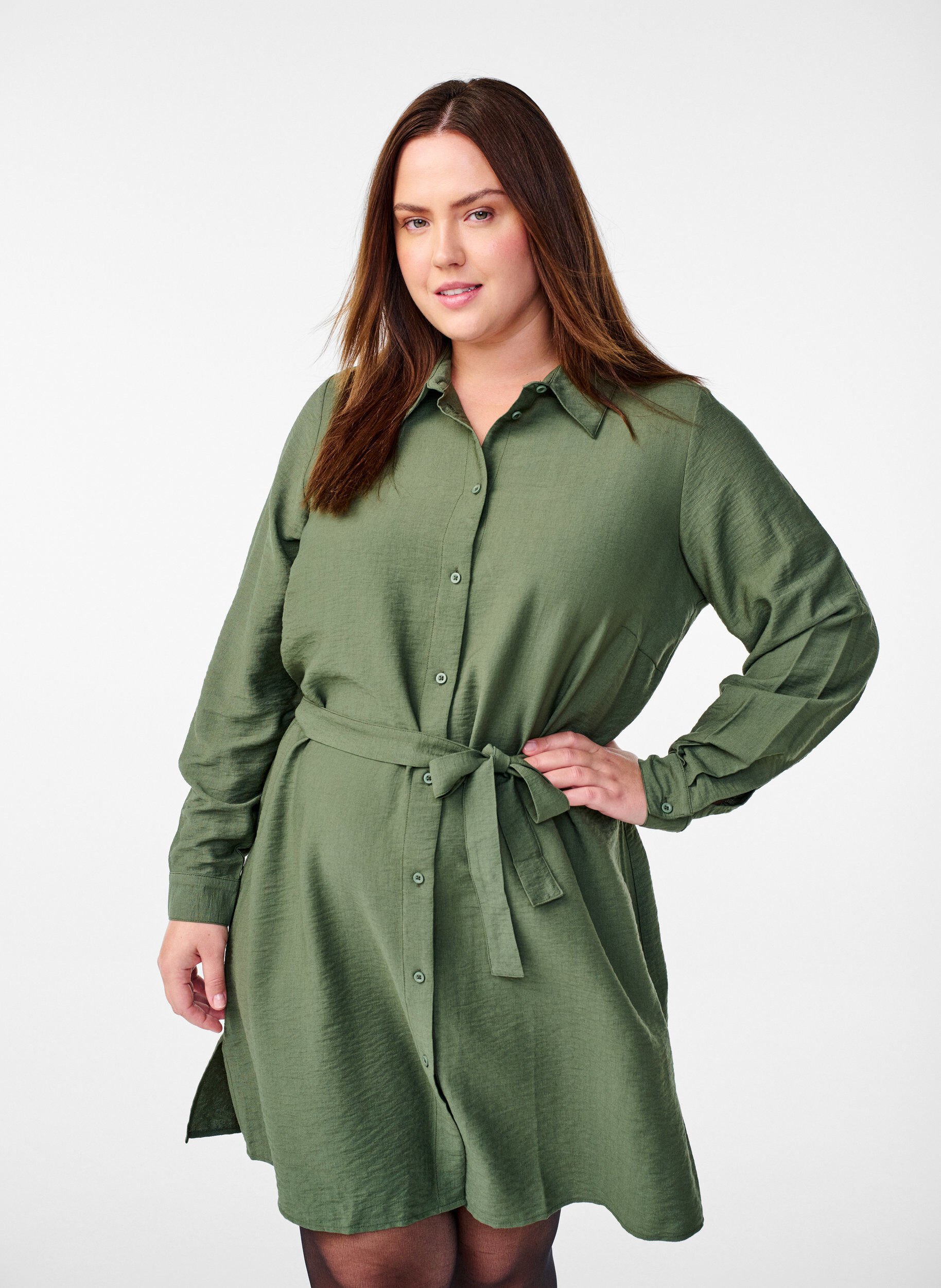 Zizzifashion Shirt dress with tie belt and long sleeves, Green, Model image number 0