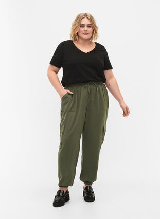 Plain cargo pants with large pockets, Black Olive, Model image number 0