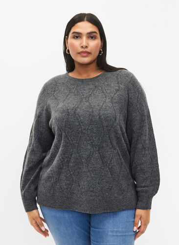 Knitted pullover with hole pattern, Dark Grey Melange, Model image number 0