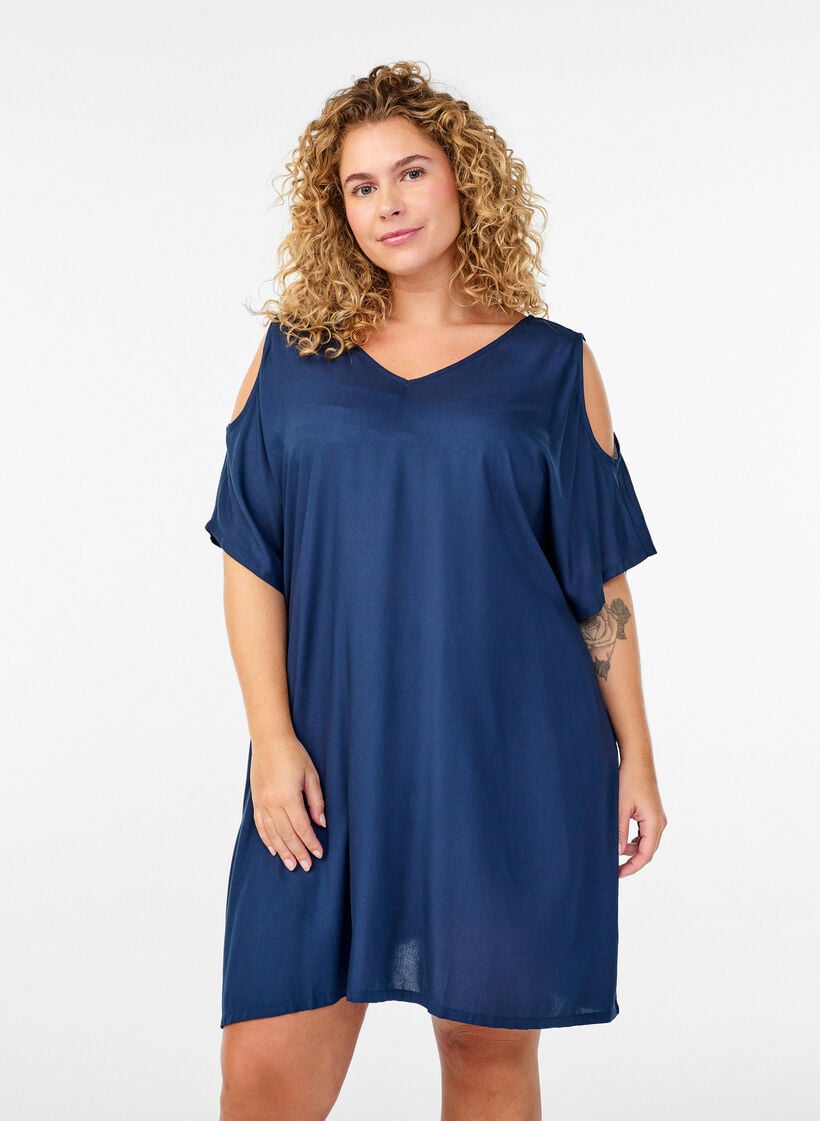 Beach dress in viscose with shoulder detail, Blue, Model image number 0