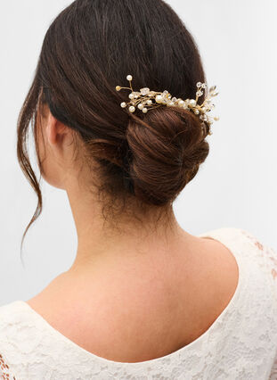 Hair comb with beads and rhinestones, Pearl, Model image number 0