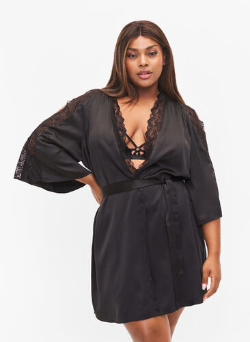 Dressing gown with lace, Black, Model image number 0