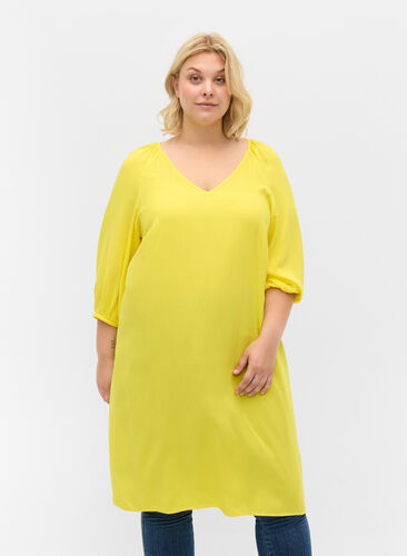 Viscose dress with v-neck, Blazing Yellow, Model image number 0