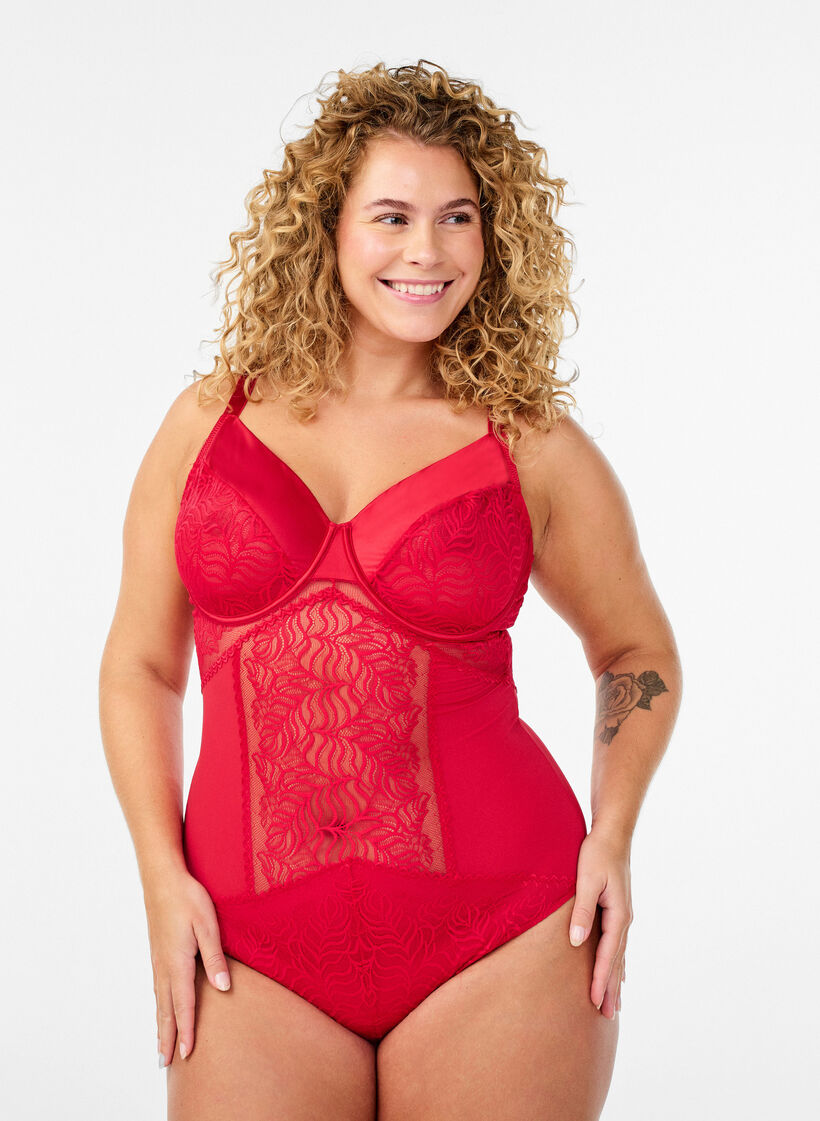 Bodysuit with lace and satin detail, Red, Model image number 0