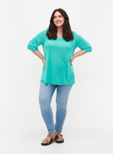 Blouse with 3/4 sleeves, Turquoise, Model image number 2