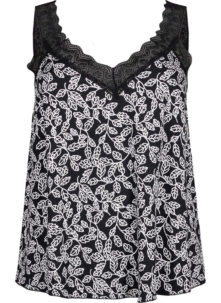 Lace top in viscose, Black w. Wh.Leaf AOP, Packshot image number 0