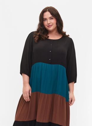 Viscose dress with colorblock pattern, Brown Green Block, Model image number 2