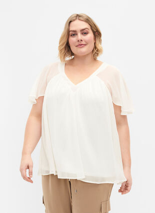  Plain top with batwing sleeves and V-neck, Warm Off-white, Model image number 0