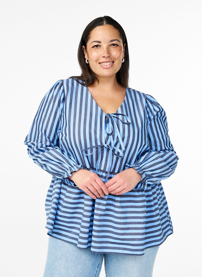 Blouse with stripes and bows, Blue, Model image number 0
