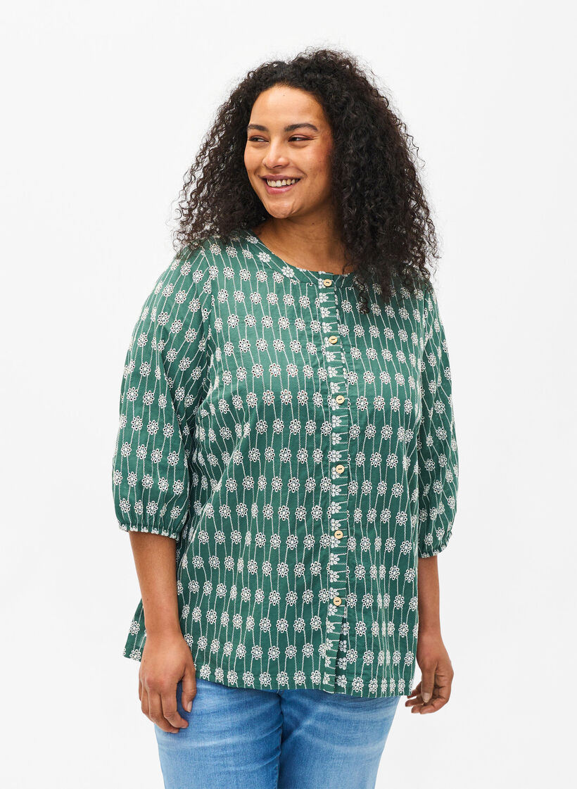 Cotton shirt blouse with floral pattern, Dark Forest, Model image number 0