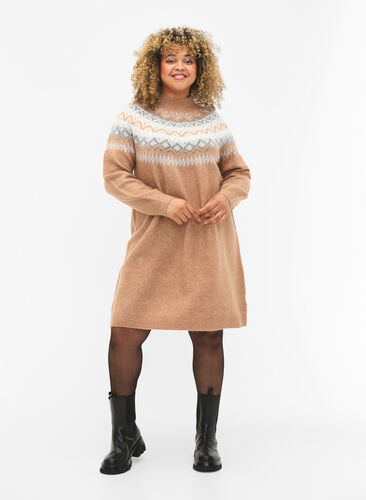 Patterned knitted dress with long sleeves, Chipmunk Mel. Comb, Model image number 2