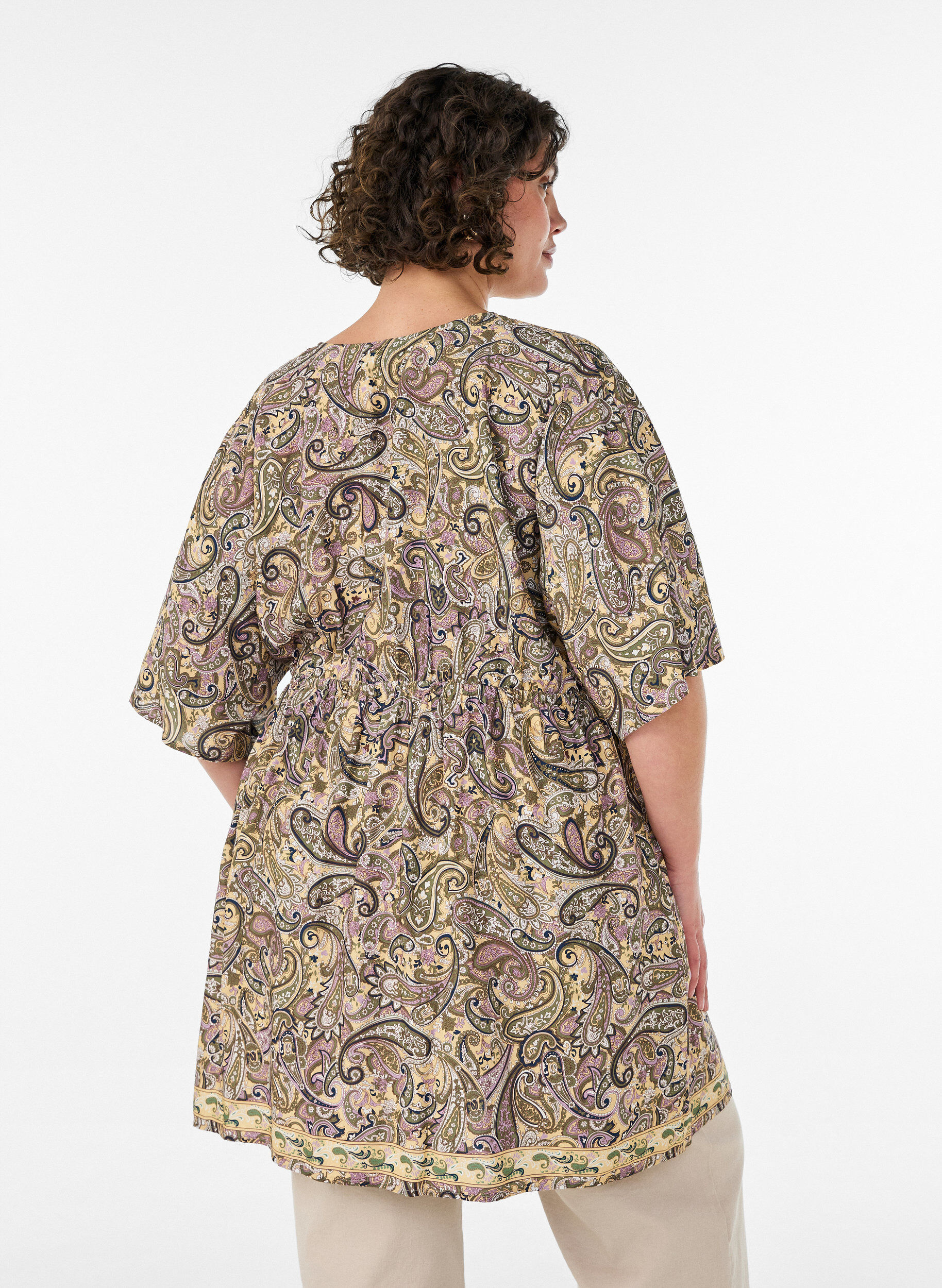 ZizzifashionViscose tunic with paisley print and tie-string, Yellow, Model image number 2