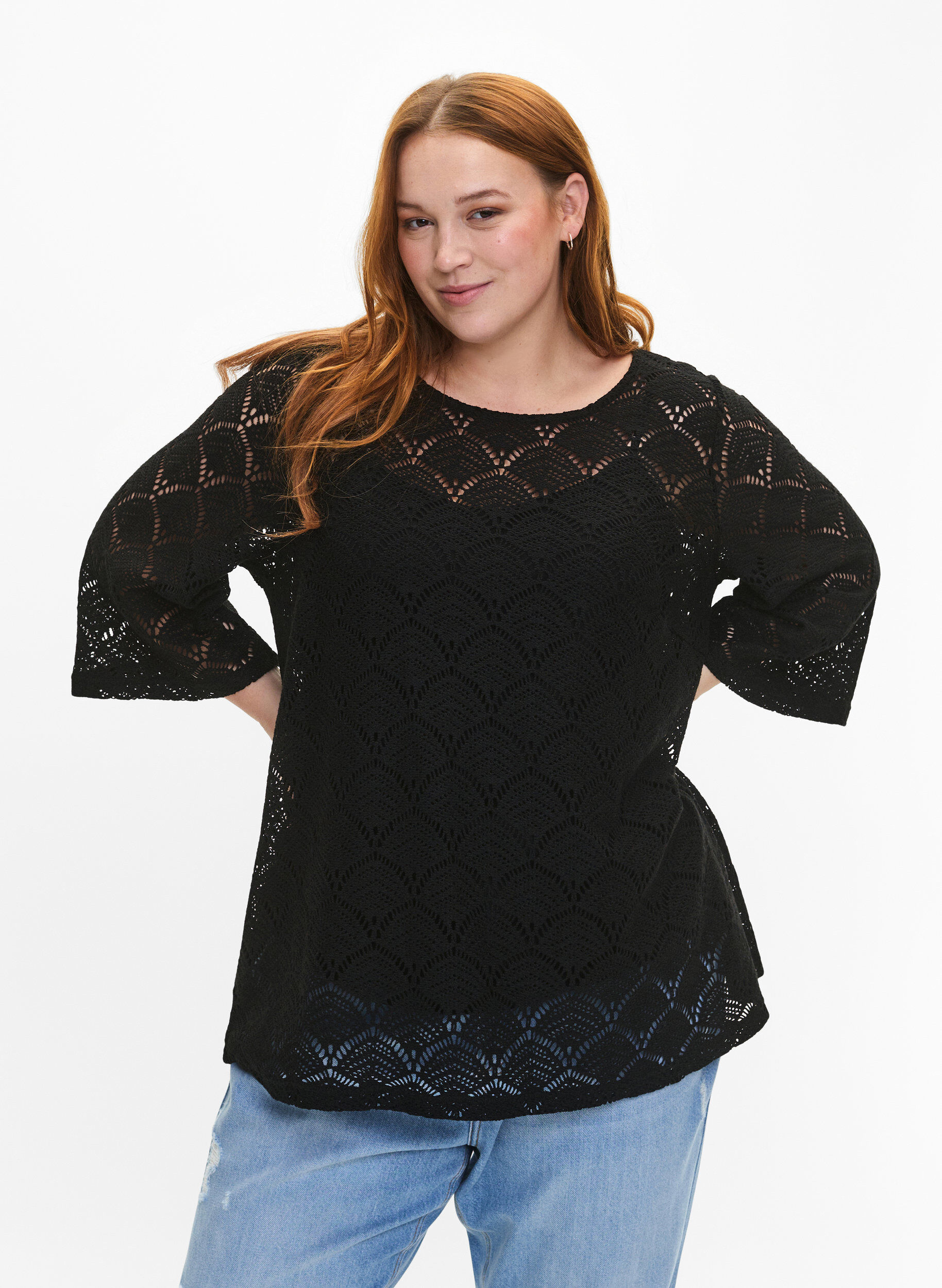 Zizzifashion Crochet blouse with 3/4 sleeves, Black, Model image number 0