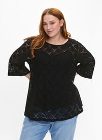 Crochet blouse with 3/4 sleeves, Black, Model
