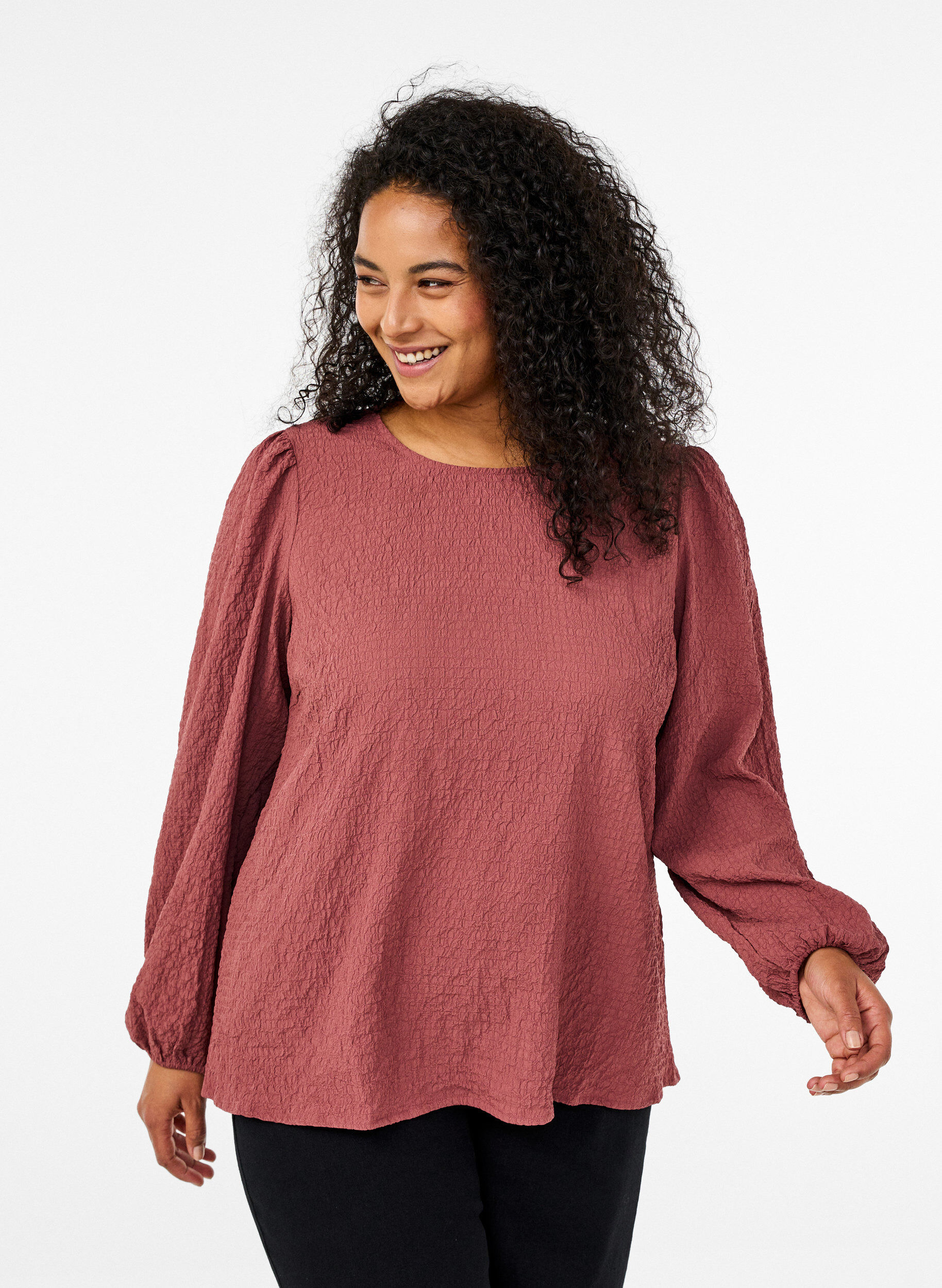 Zizzifashion FLASH - Long-sleeved blouse with round neck, Rose Brown, Model image number 0