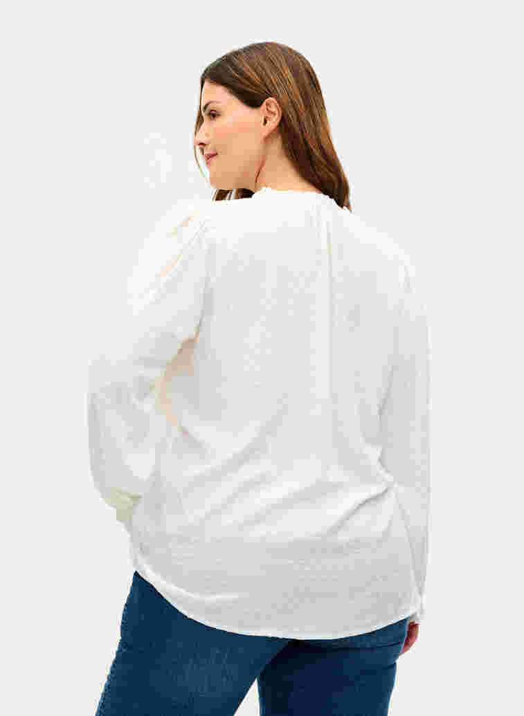 Long-sleeved blouse with smock and ruffle details, Bright White, Model image number 1
