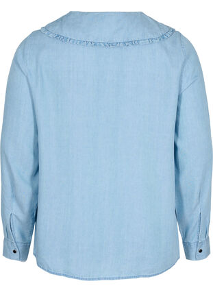 Shirt with large collar and ruffled trim, Light blue denim, Packshot image number 1