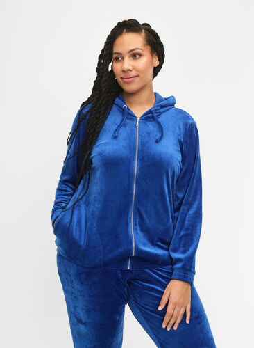 Velour cardigan with zipper and hood, Monaco Blue, Model image number 0