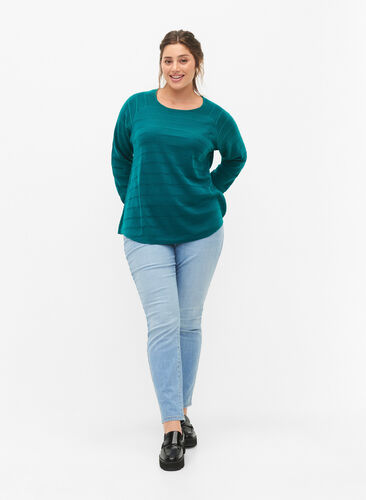 Knitted blouse with tone-on-tone stripes, Deep Lake, Model image number 2