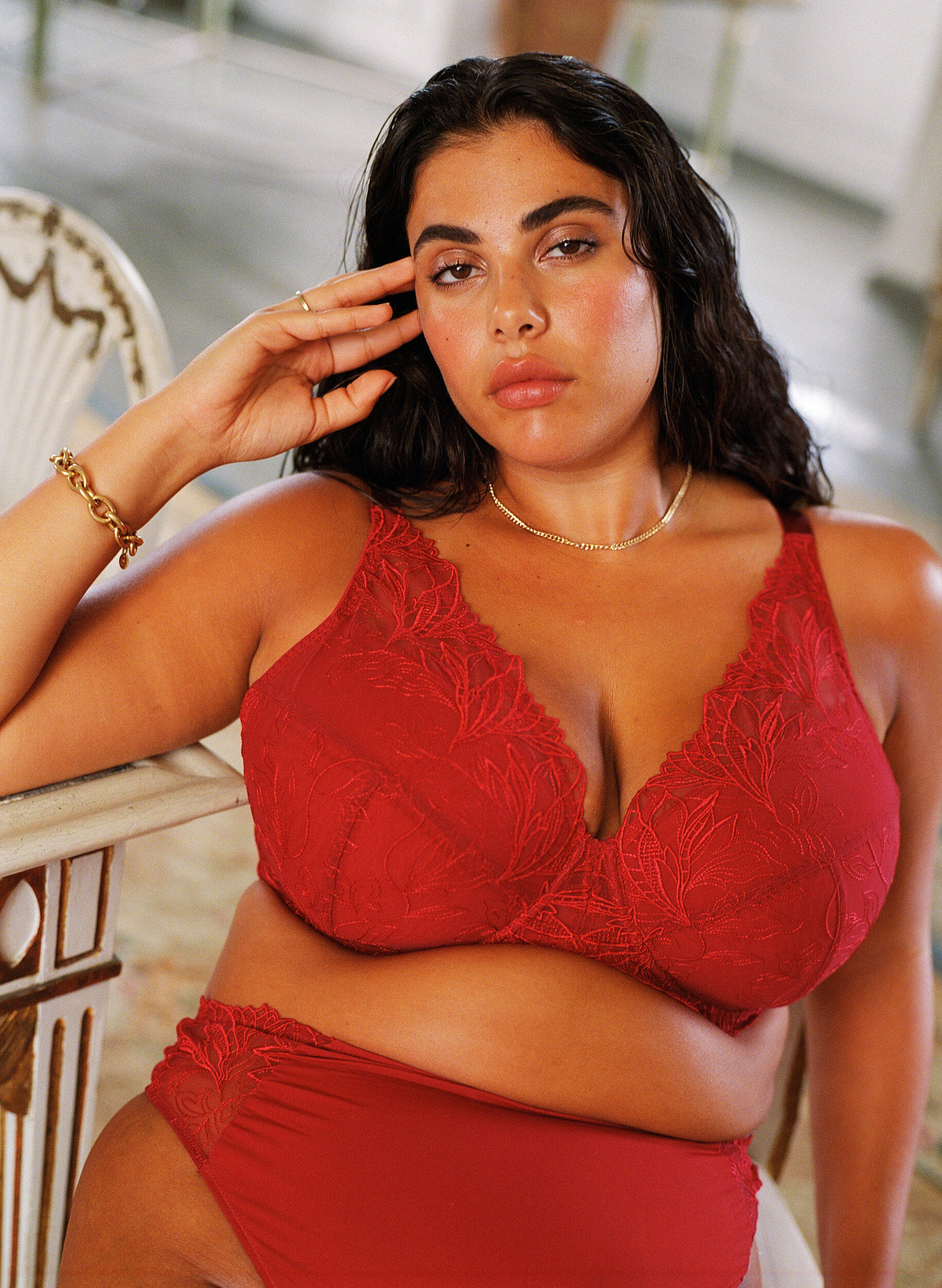 Zizzifashion Padded lace bra with underwire, Red, Image image number 0