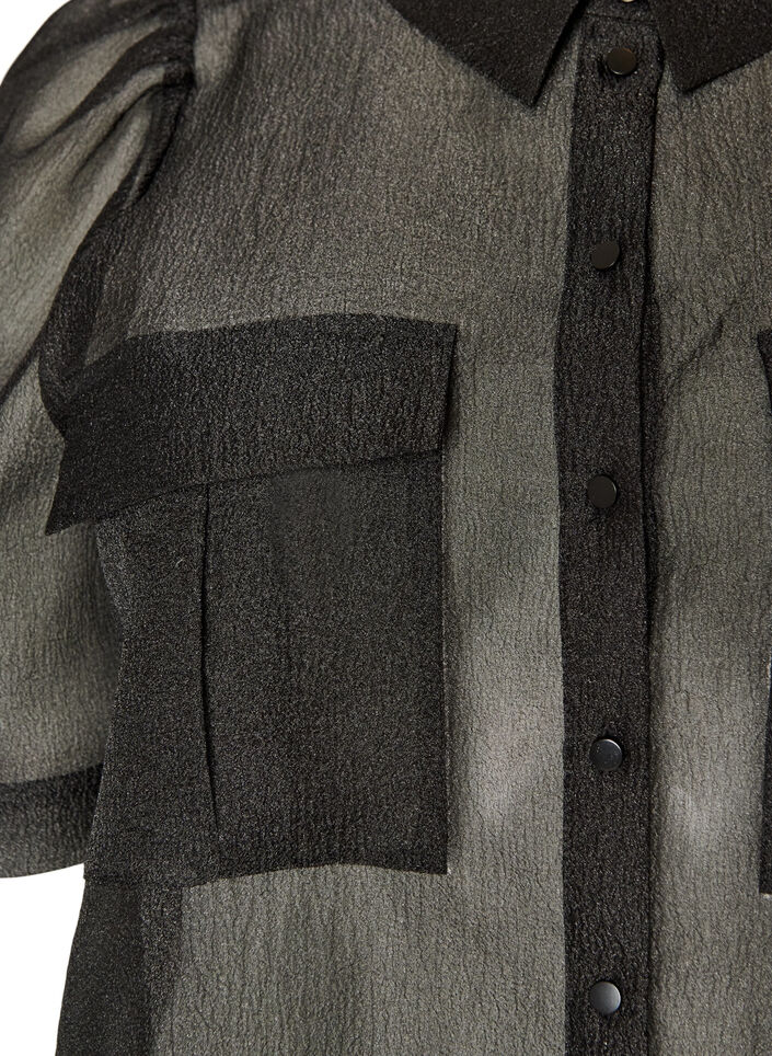 Organza dress with chest pockets and puff sleeves, Black, Packshot image number 2