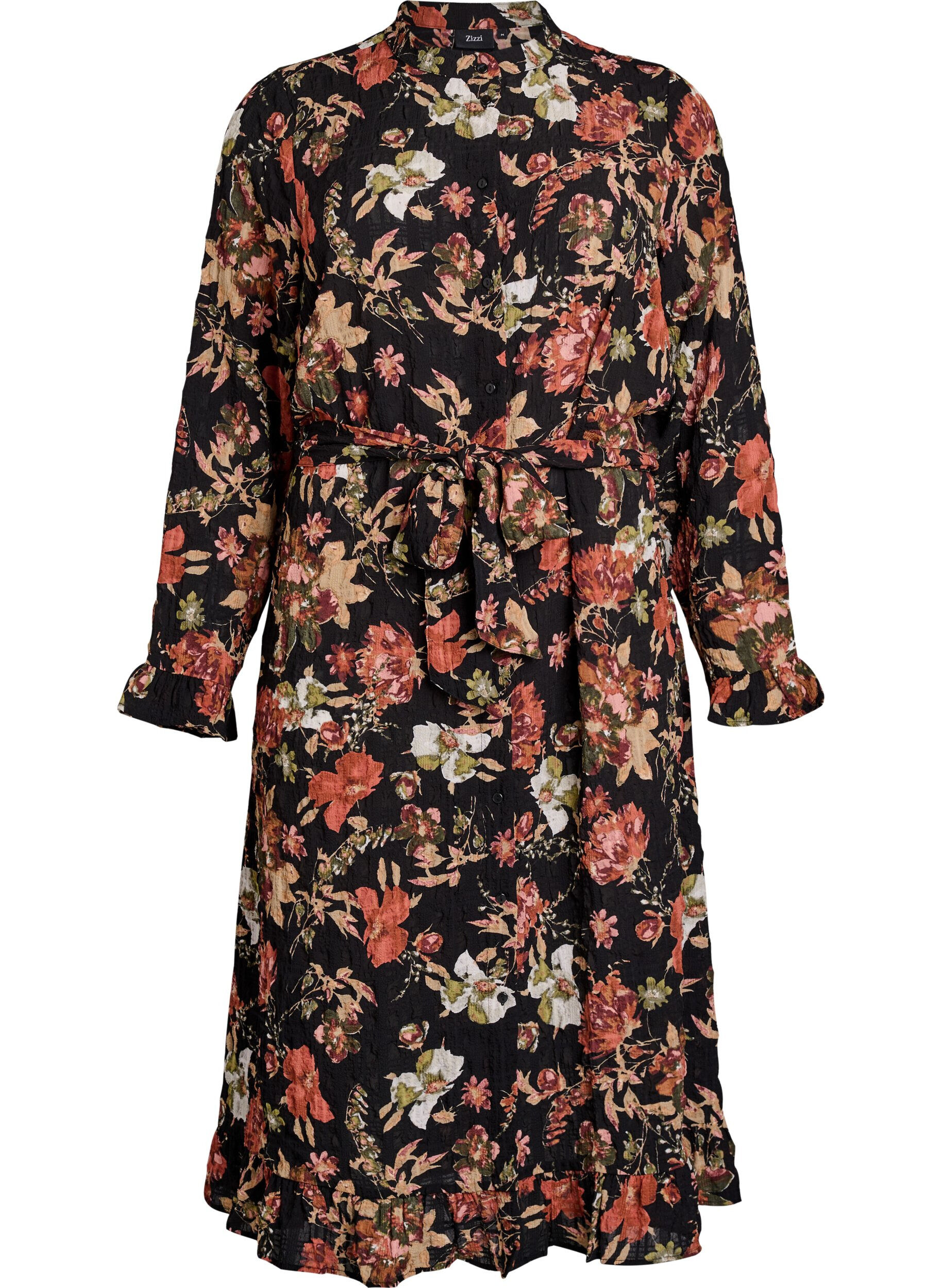 ZizzifashionMidi dress with floral print and detachable tie belt, Black, Packshot image number 0