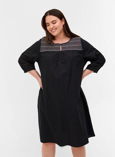 Cotton dress with smock and an A-line, Black, Model image number 0