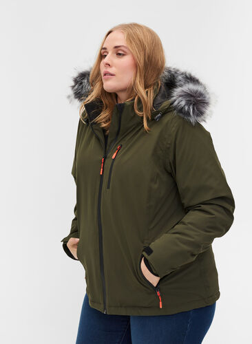Waterproof ski jacket with removable hood and faux-fur trim, Forest Night, Model image number 0