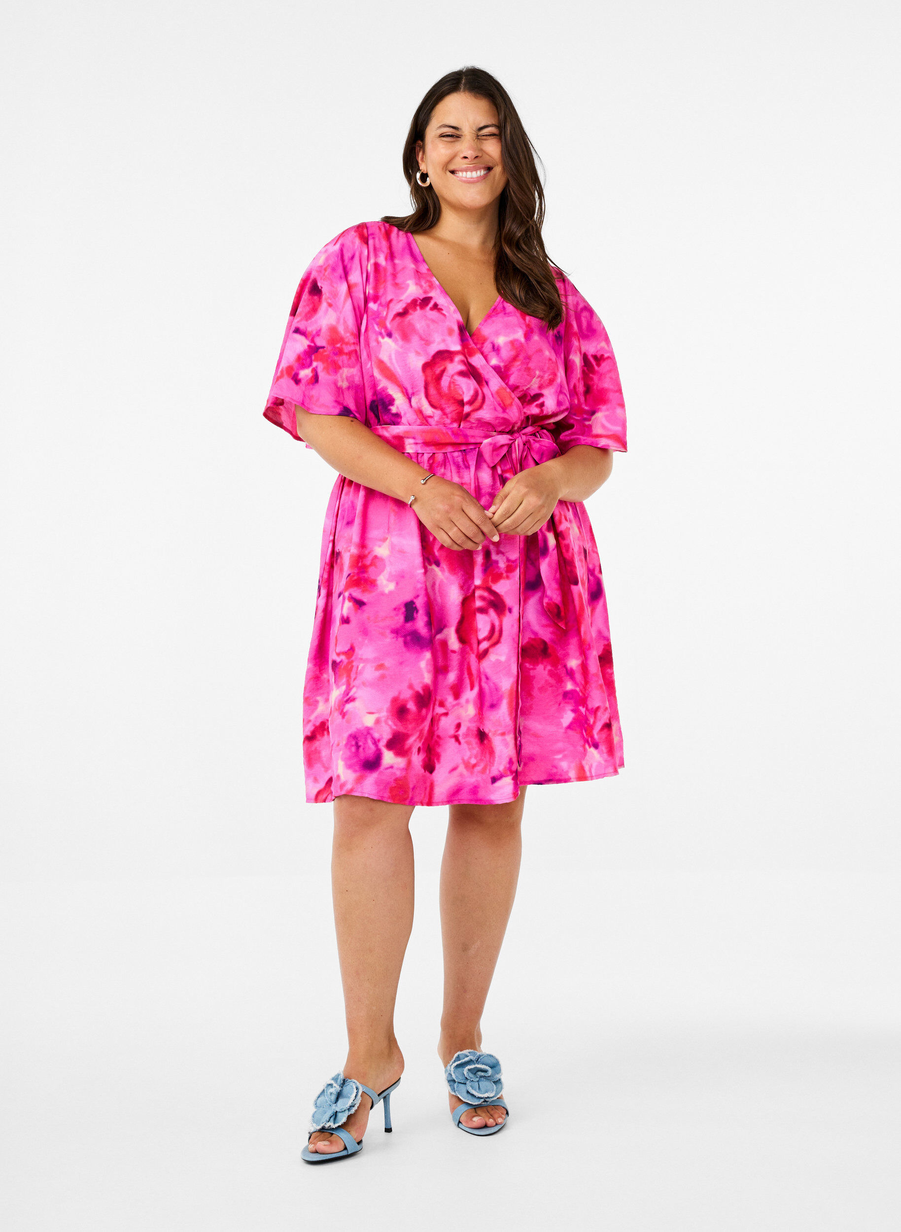Zizzifashion Knee-length dress with floral print and wrap look, Pink Rose AOP, Model image number 1