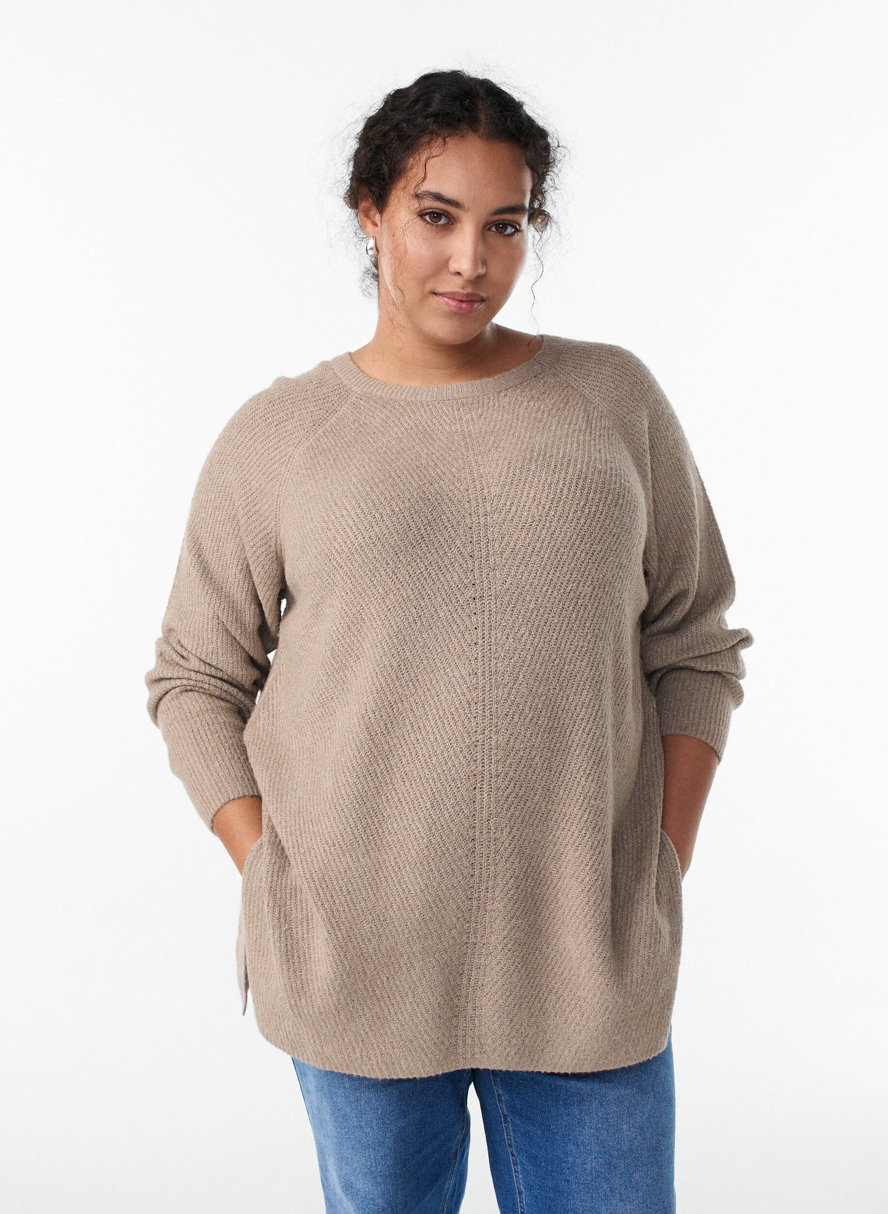 ZizzifashionKnitted jumper with a diagonal pattern and raglan sleeves, Beige, Model image number 0