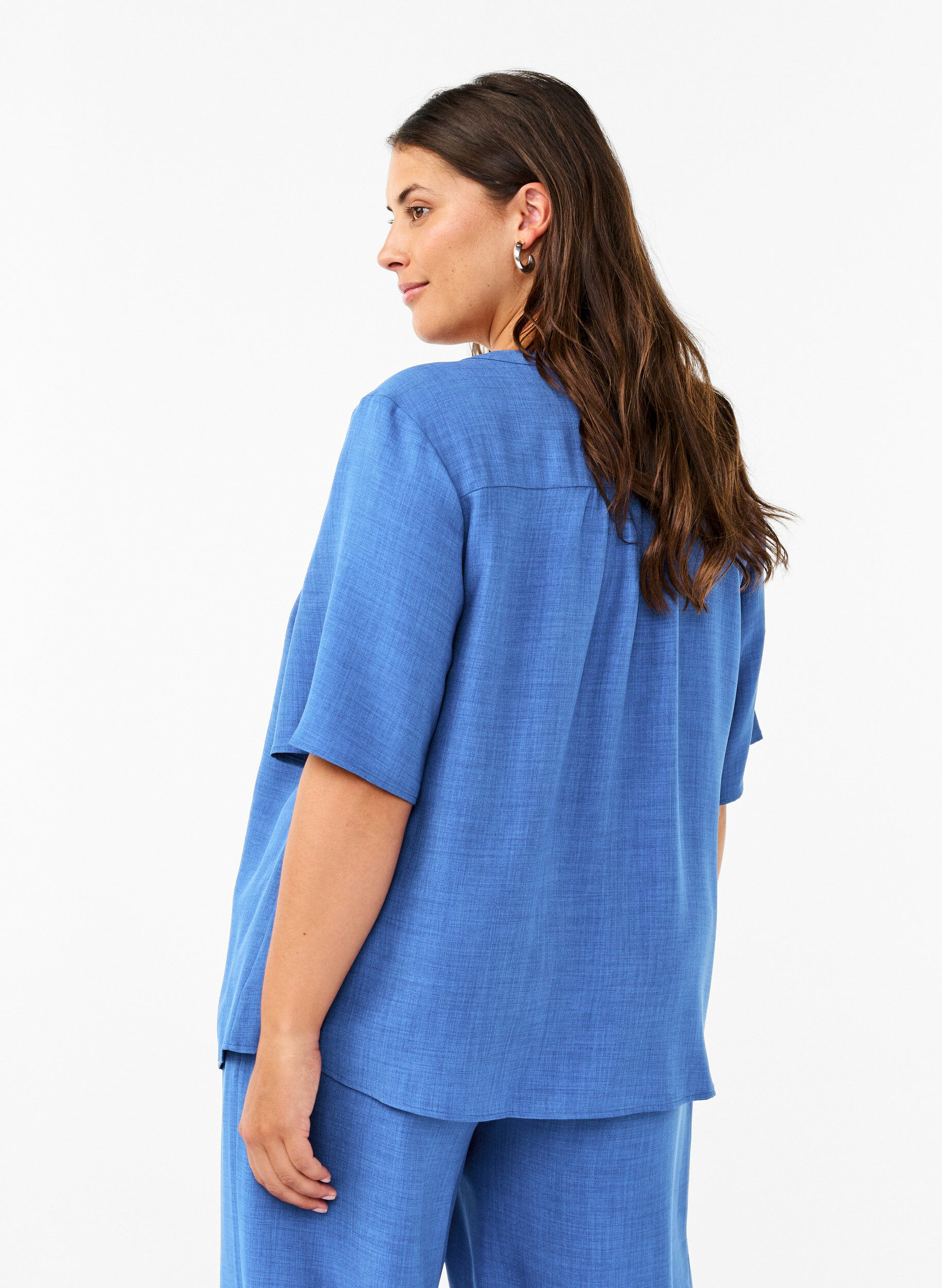 ZizzifashionV-neck shirt blouse with short sleeves, Blue, Model image number 2