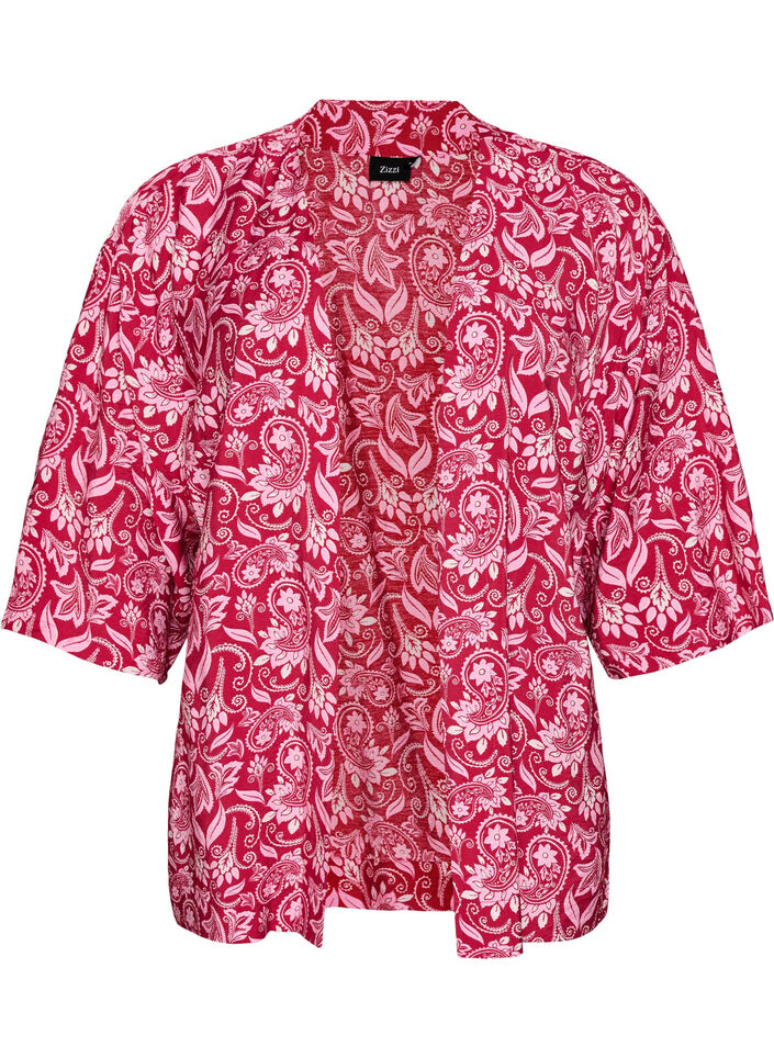 Short viscose kimono with 3/4 sleeves, Pink, Packshot image number 0