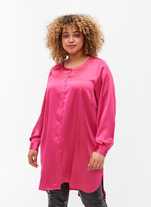 Long shiny shirt with slit, Pink Flambé, Model image number 0