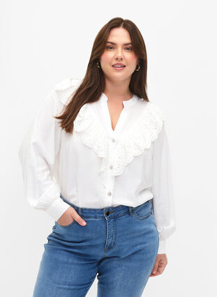 Viscose shirt blouse with ruffles, Bright White, Model image number 0