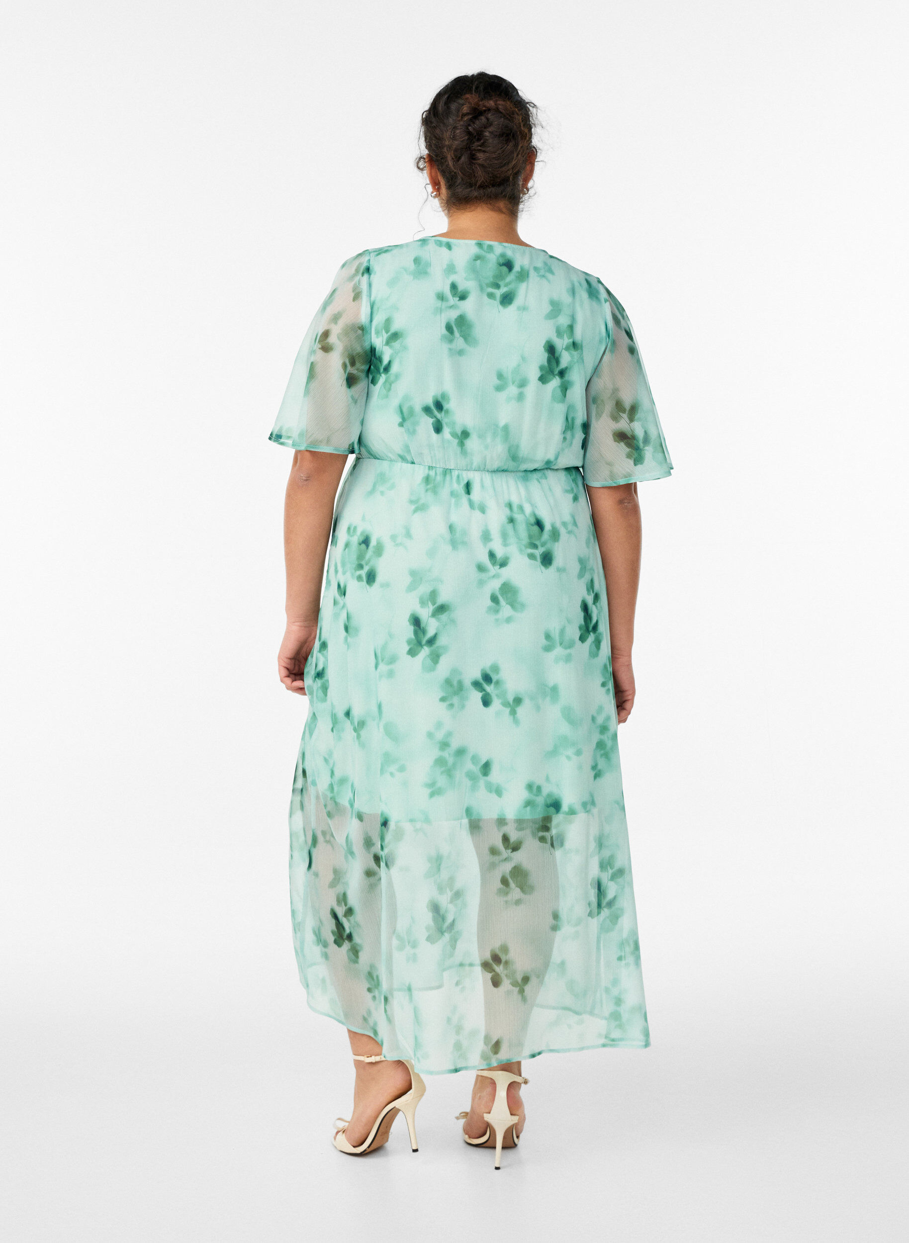 Zizzifashion Long chiffon dress with floral print and short sleeves, Green, Model image number 1