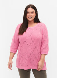 	 Knitted jumper with 3/4 sleeves and lace pattern, Begonia Pink, Model